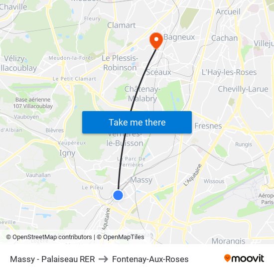 Massy - Palaiseau RER to Fontenay-Aux-Roses map