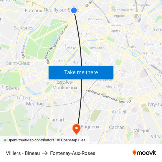 Villiers - Bineau to Fontenay-Aux-Roses map