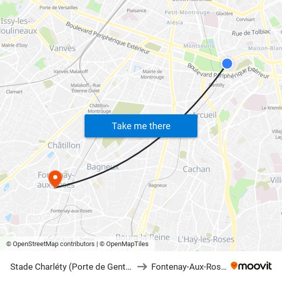 Stade Charléty (Porte de Gentilly) to Fontenay-Aux-Roses map