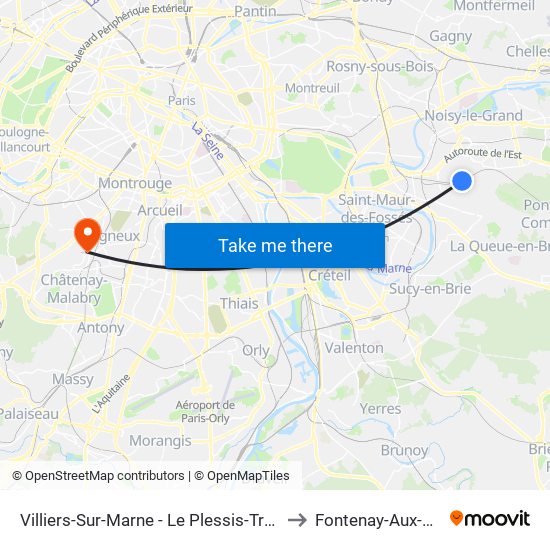 Villiers-Sur-Marne - Le Plessis-Trévise RER to Fontenay-Aux-Roses map