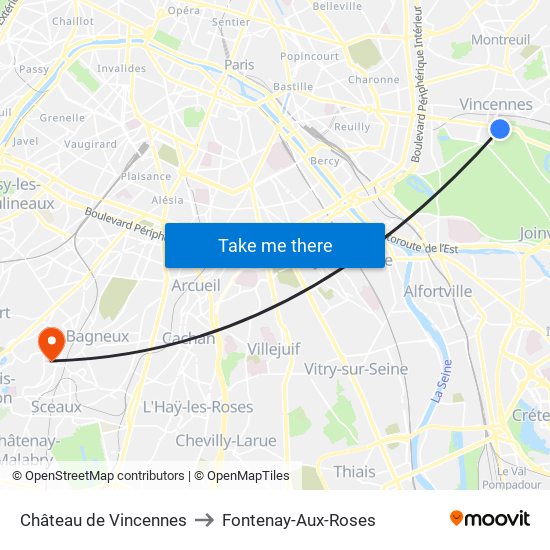 Château de Vincennes to Fontenay-Aux-Roses map