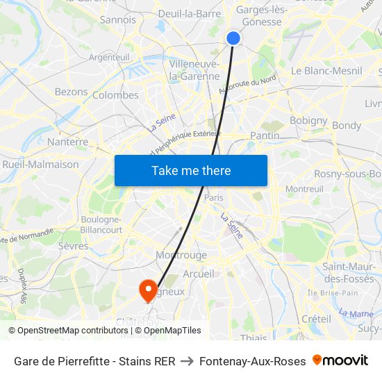 Gare de Pierrefitte - Stains RER to Fontenay-Aux-Roses map