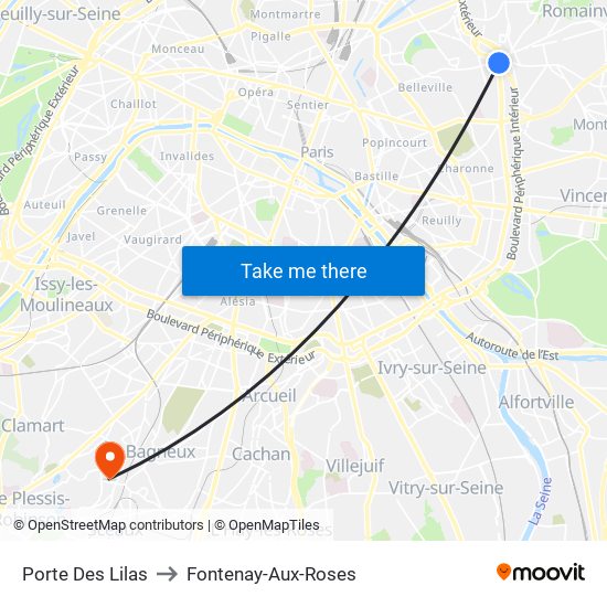 Porte Des Lilas to Fontenay-Aux-Roses map