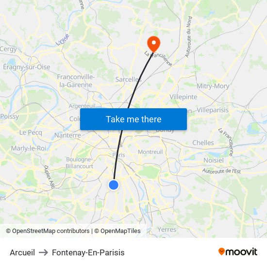 Arcueil to Fontenay-En-Parisis map