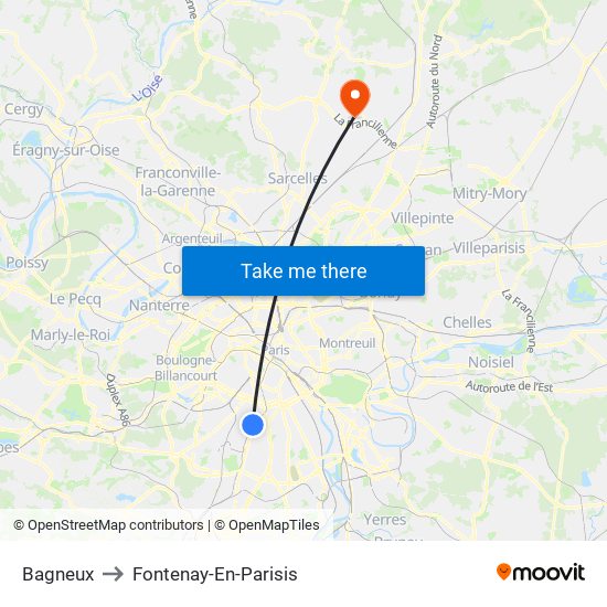 Bagneux to Fontenay-En-Parisis map