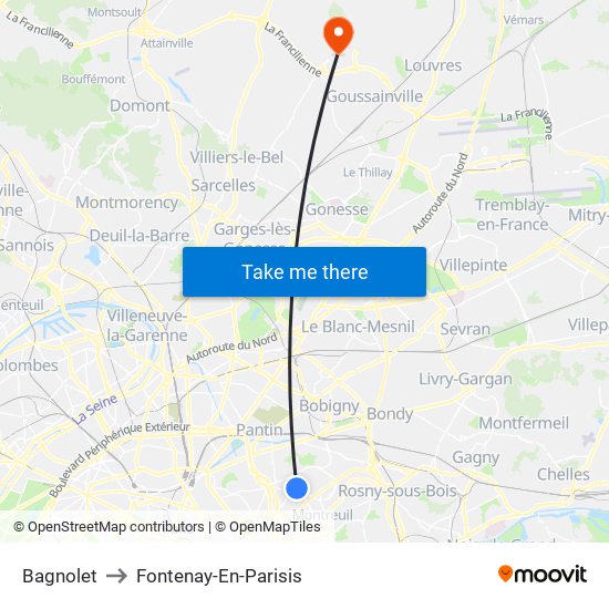Bagnolet to Fontenay-En-Parisis map