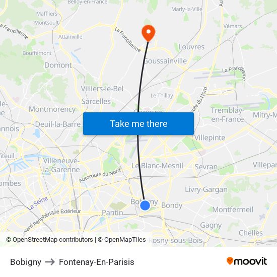 Bobigny to Fontenay-En-Parisis map