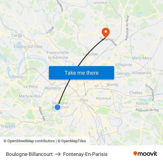 Boulogne-Billancourt to Fontenay-En-Parisis map