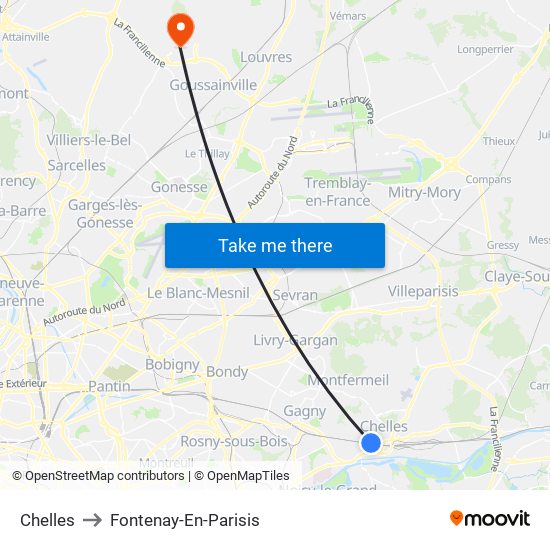 Chelles to Fontenay-En-Parisis map