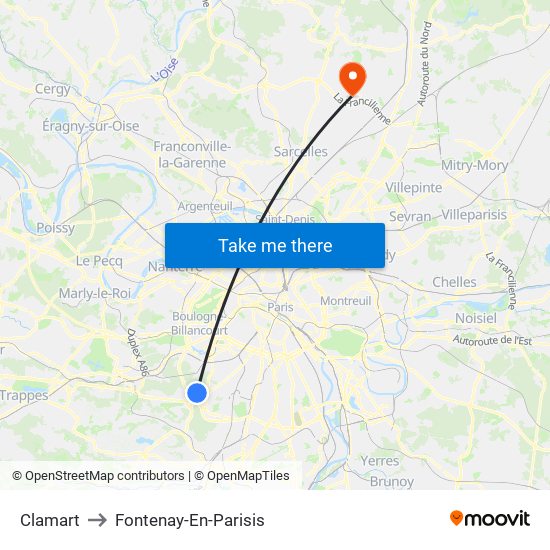 Clamart to Fontenay-En-Parisis map