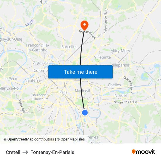 Creteil to Fontenay-En-Parisis map
