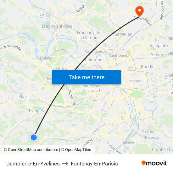 Dampierre-En-Yvelines to Fontenay-En-Parisis map