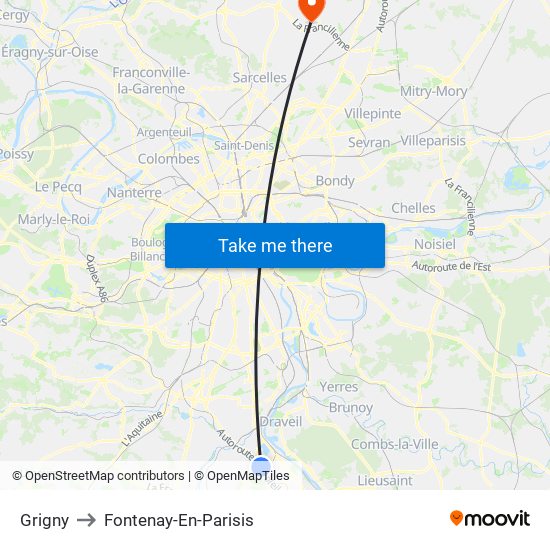Grigny to Fontenay-En-Parisis map