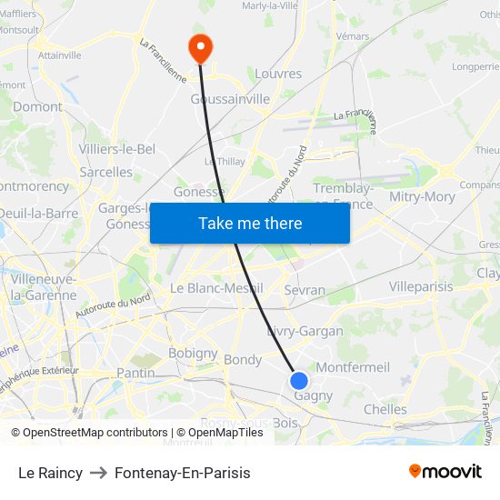 Le Raincy to Fontenay-En-Parisis map