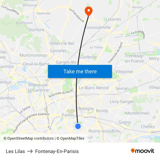 Les Lilas to Fontenay-En-Parisis map