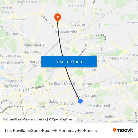 Les Pavillons-Sous-Bois to Fontenay-En-Parisis map