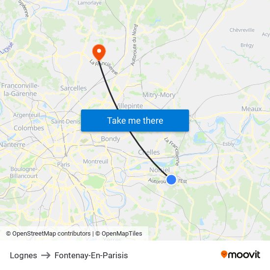 Lognes to Fontenay-En-Parisis map