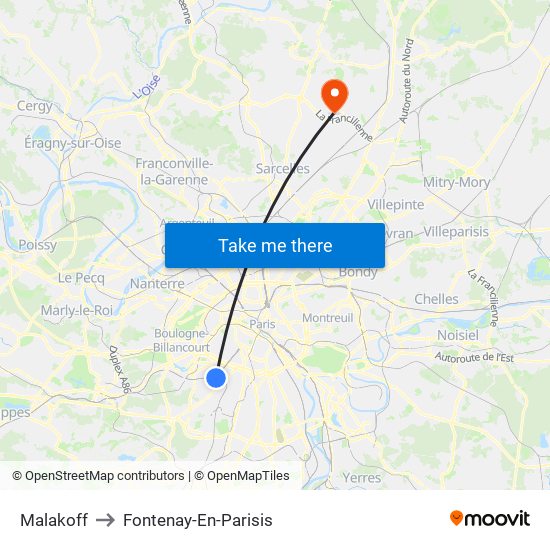 Malakoff to Fontenay-En-Parisis map