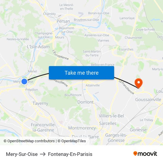 Mery-Sur-Oise to Fontenay-En-Parisis map