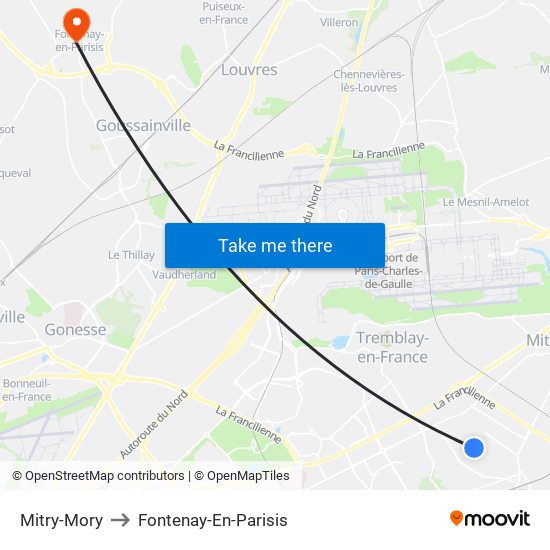 Mitry-Mory to Fontenay-En-Parisis map