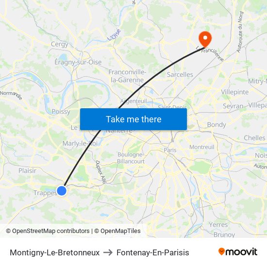 Montigny-Le-Bretonneux to Fontenay-En-Parisis map