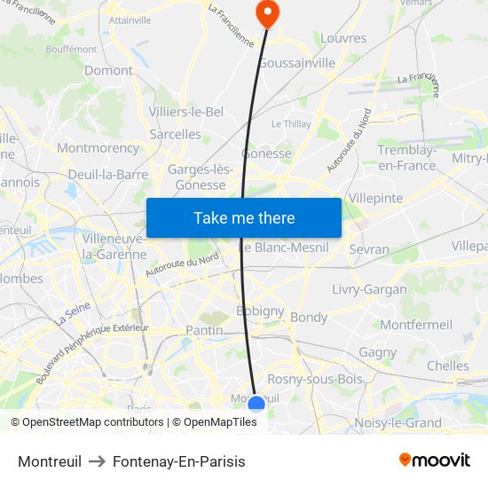 Montreuil to Fontenay-En-Parisis map