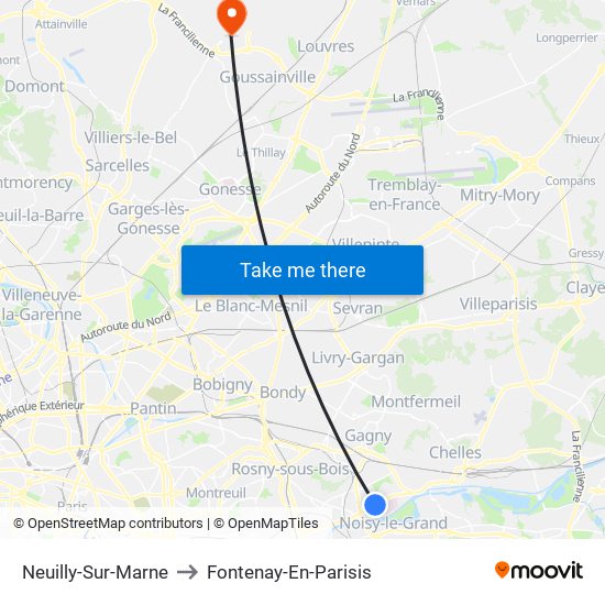Neuilly-Sur-Marne to Fontenay-En-Parisis map