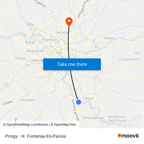 Pringy to Fontenay-En-Parisis map