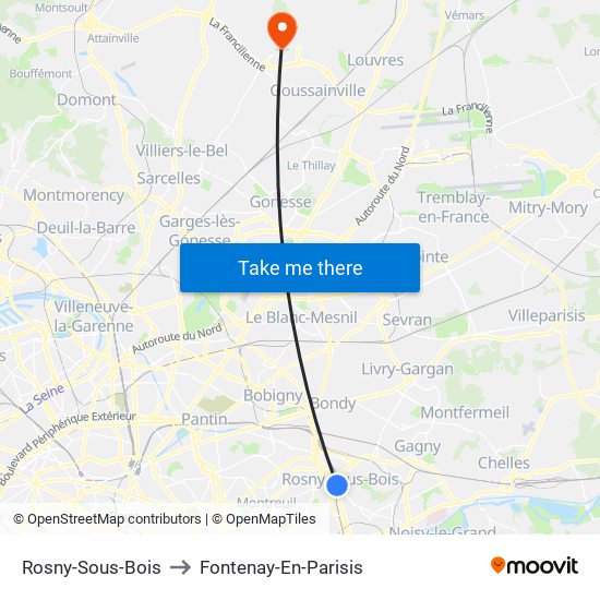 Rosny-Sous-Bois to Fontenay-En-Parisis map