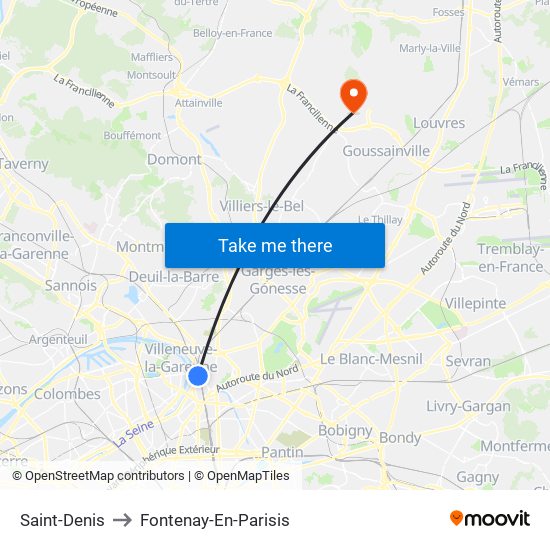 Saint-Denis to Fontenay-En-Parisis map