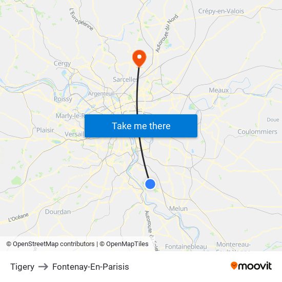Tigery to Fontenay-En-Parisis map