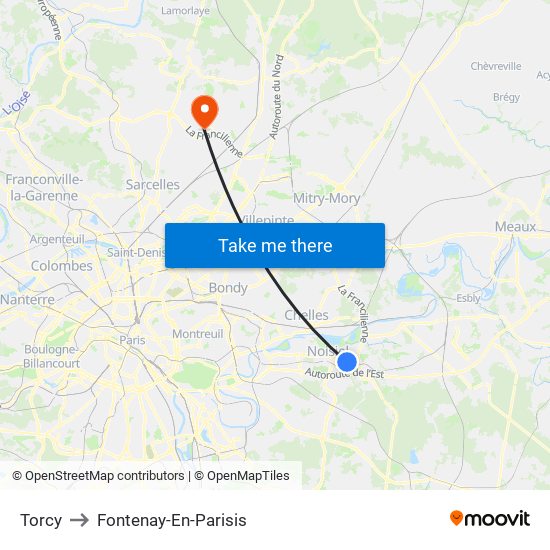 Torcy to Fontenay-En-Parisis map