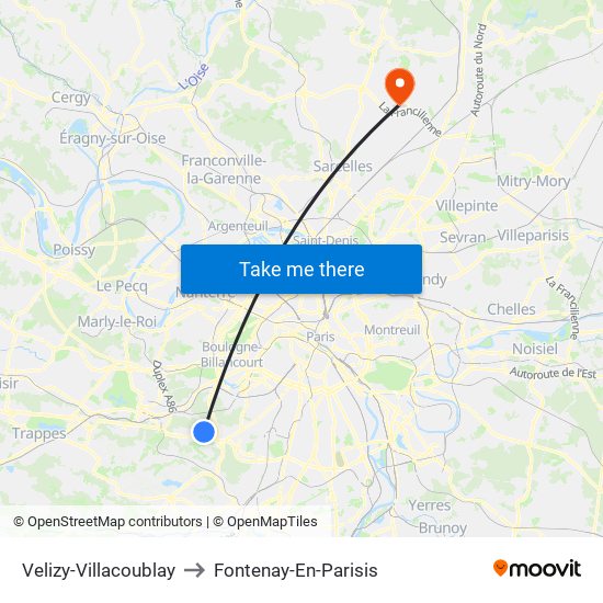 Velizy-Villacoublay to Fontenay-En-Parisis map