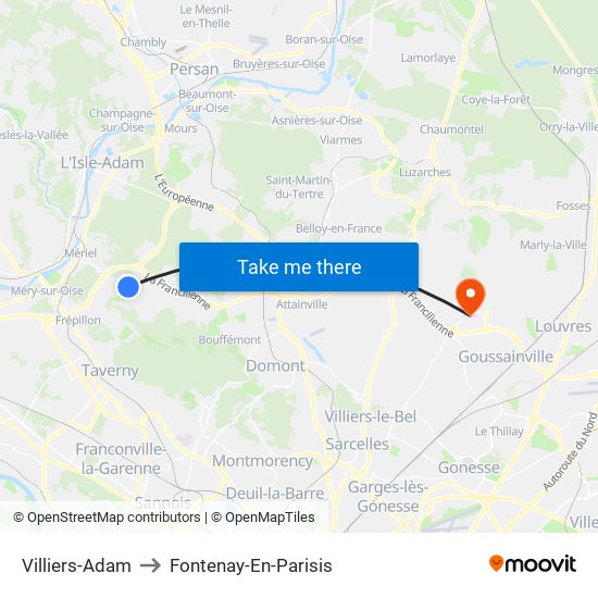 Villiers-Adam to Fontenay-En-Parisis map