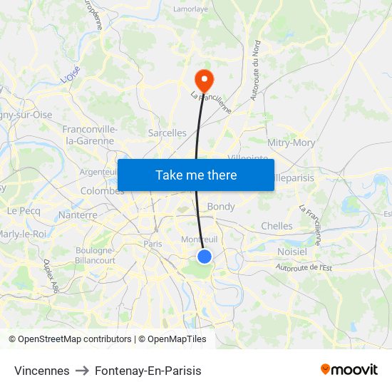 Vincennes to Fontenay-En-Parisis map