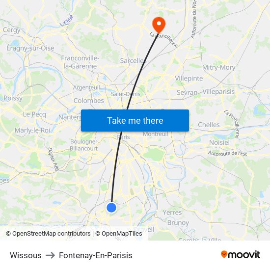 Wissous to Fontenay-En-Parisis map