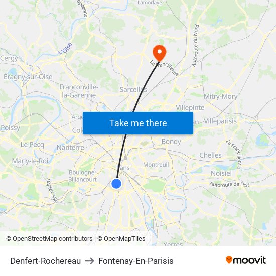 Denfert-Rochereau to Fontenay-En-Parisis map