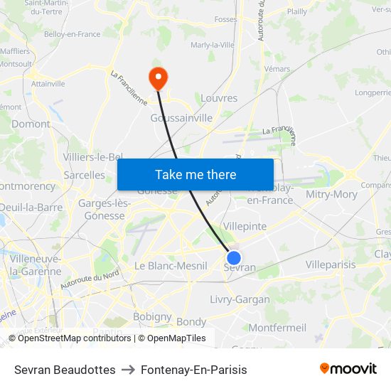 Sevran Beaudottes to Fontenay-En-Parisis map