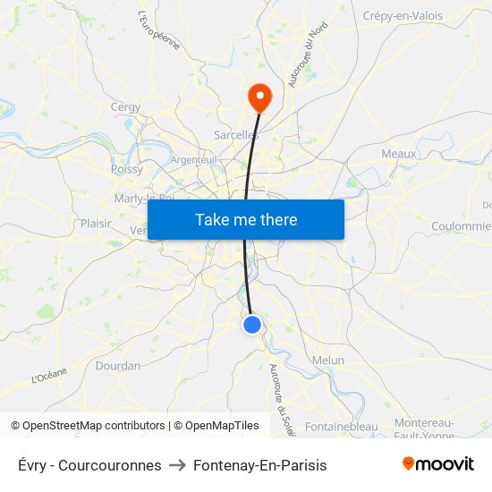 Évry - Courcouronnes to Fontenay-En-Parisis map