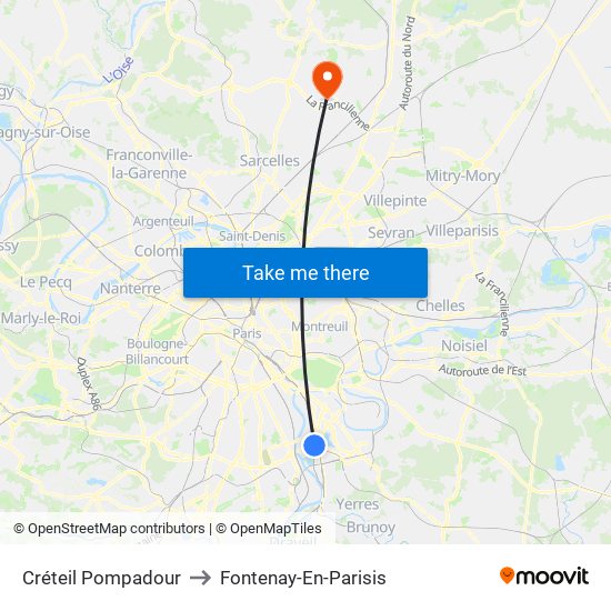 Créteil Pompadour to Fontenay-En-Parisis map