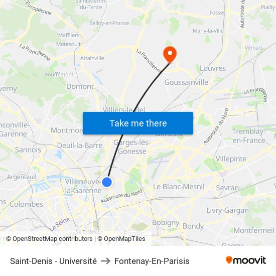 Saint-Denis - Université to Fontenay-En-Parisis map