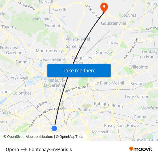 Opéra to Fontenay-En-Parisis map