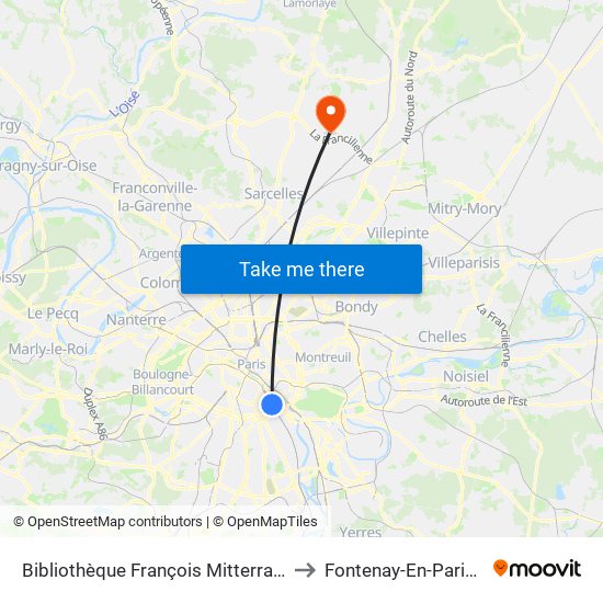 Bibliothèque François Mitterrand to Fontenay-En-Parisis map