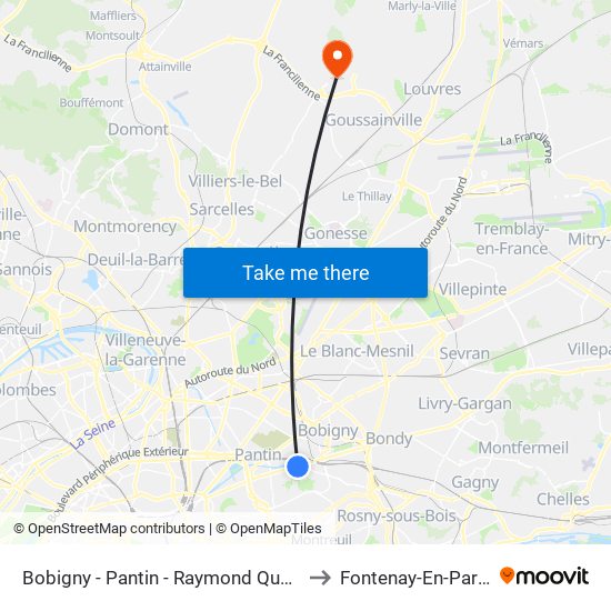 Bobigny - Pantin - Raymond Queneau to Fontenay-En-Parisis map