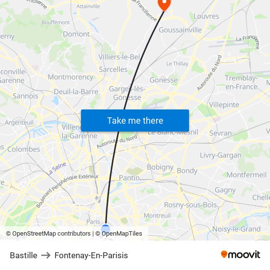 Bastille to Fontenay-En-Parisis map