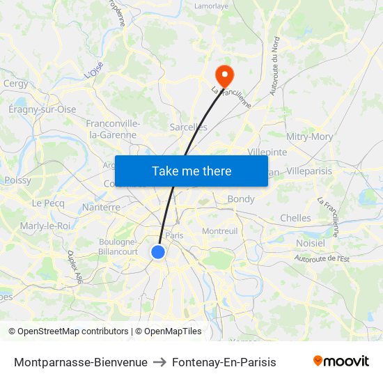 Montparnasse-Bienvenue to Fontenay-En-Parisis map