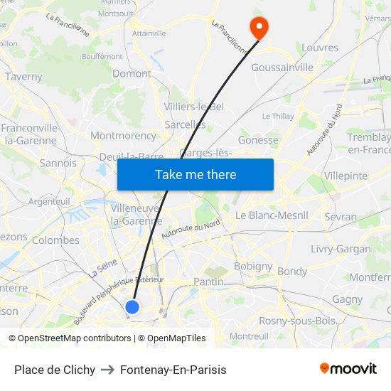 Place de Clichy to Fontenay-En-Parisis map