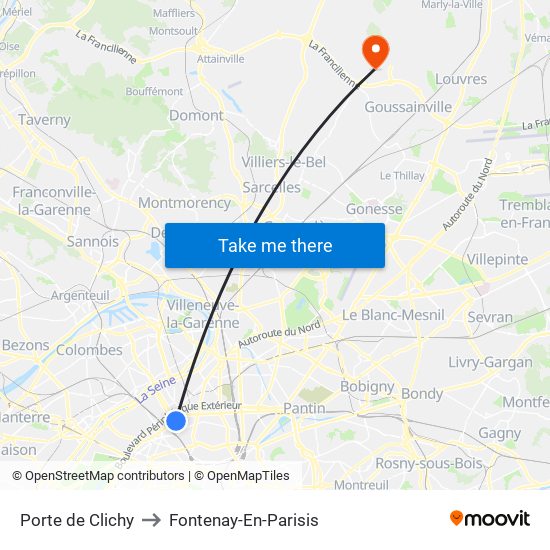 Porte de Clichy to Fontenay-En-Parisis map
