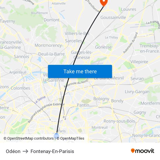 Odéon to Fontenay-En-Parisis map