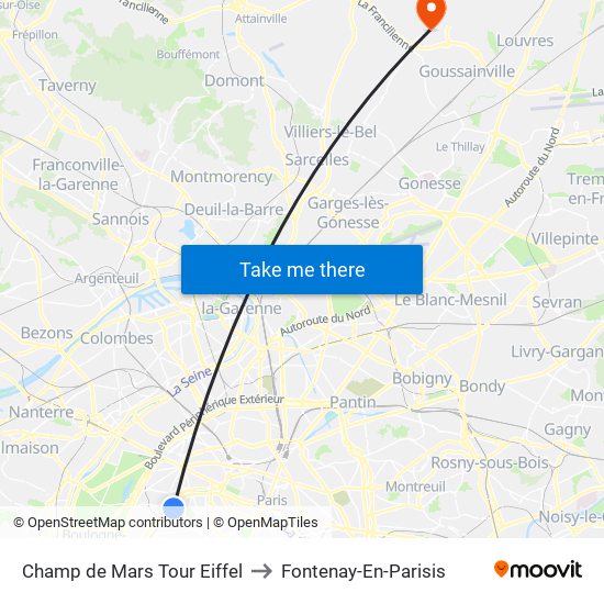 Champ de Mars Tour Eiffel to Fontenay-En-Parisis map